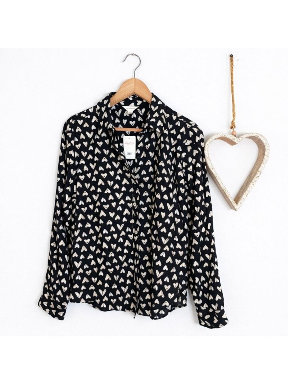 Lucky Brand Black Heart Print Button Down Blouse Lightweight Romantic Chic SMALL